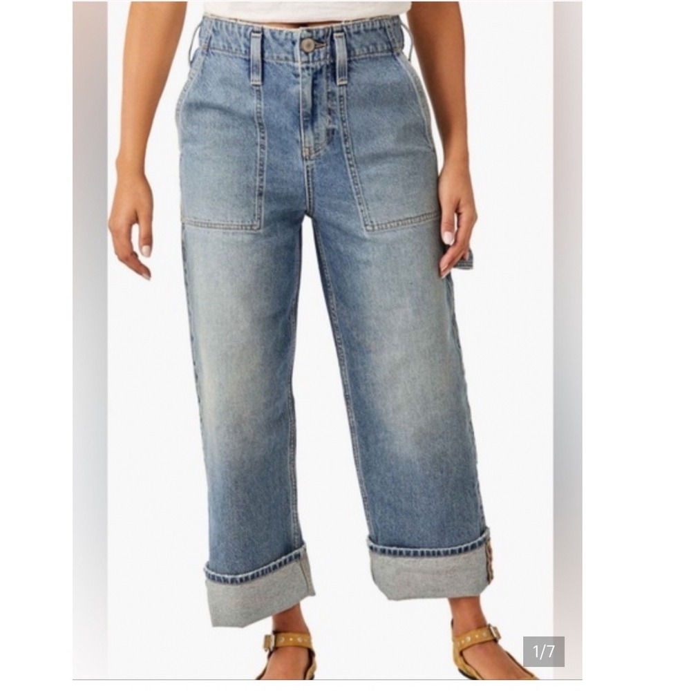 We The Free Major League Roll Cuff Jeans Light Wash Carpenter Wide Leg Size 32
